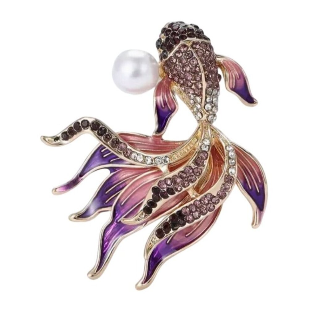 Purple Goldfish Brooch With Imitation Pearl Enamel & Rhinestones
